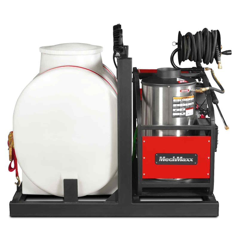MechMaxx HPW40Z hot water pressure washer with ZONSEN engine, stainless steel burner, hose reel, and chemical tank gallery position 1