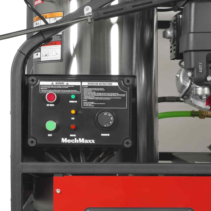 Close-up of control panel with indicator lights and temperature dial on MechMaxx HPW40Z hot water pressure washer gallery position 1