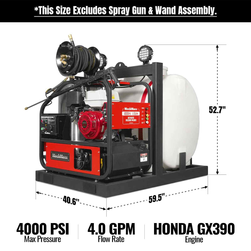 MechMaxx HPW40Z hot water pressure washer with 4000 PSI, hose reel, chemical tank, and Honda GX390 engine, gallery position 1