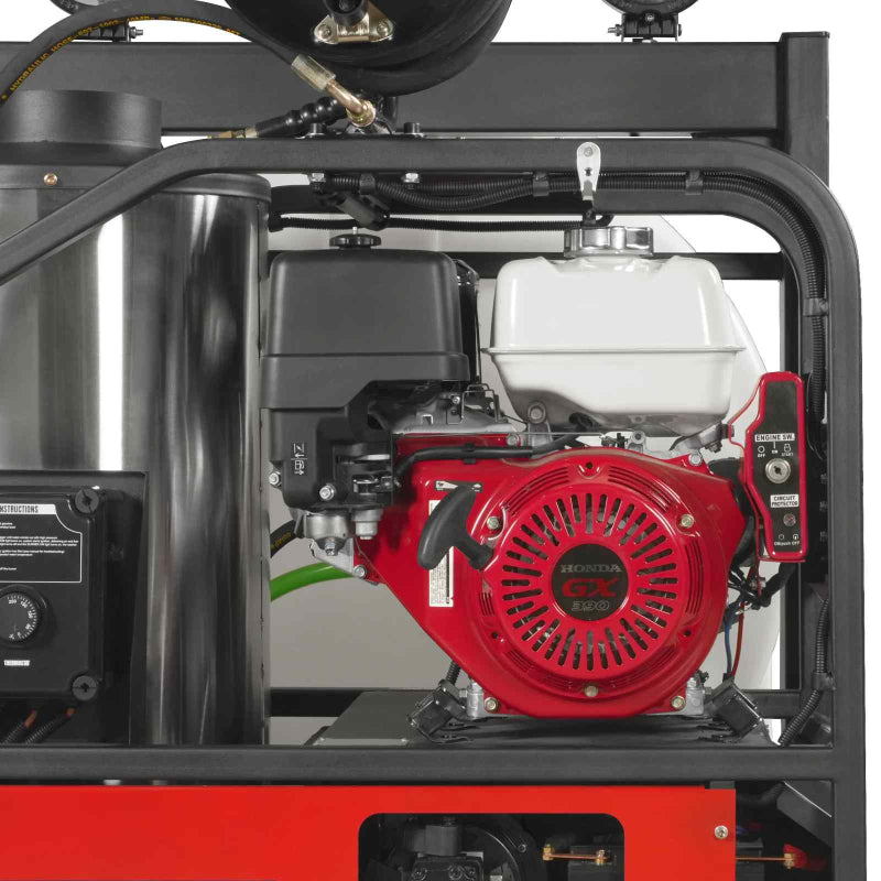 Side view of Honda GX390 engine, fuel tank, and red frame on MechMaxx HPW40Z pressure washer gallery position 1