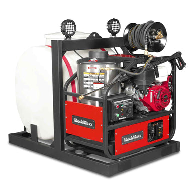 MechMaxx HPW40Z hot water pressure washer with ZONSEN engine, hose reel, white chemical tank, and steel frame gallery position 1