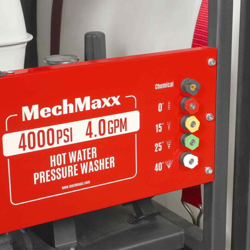 Close-up of red control panel with pressure and flow ratings and five quick-connect nozzles on MechMaxx HPW40Z gallery 1