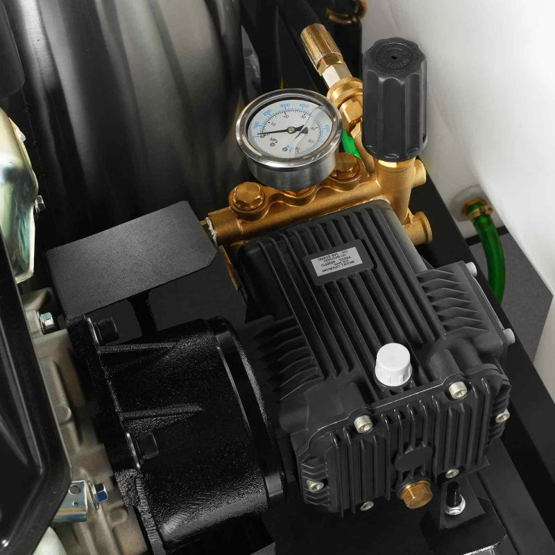 Close-up of brass pressure gauge and black pump assembly on MechMaxx HPW40Z hot water pressure washer gallery position 1