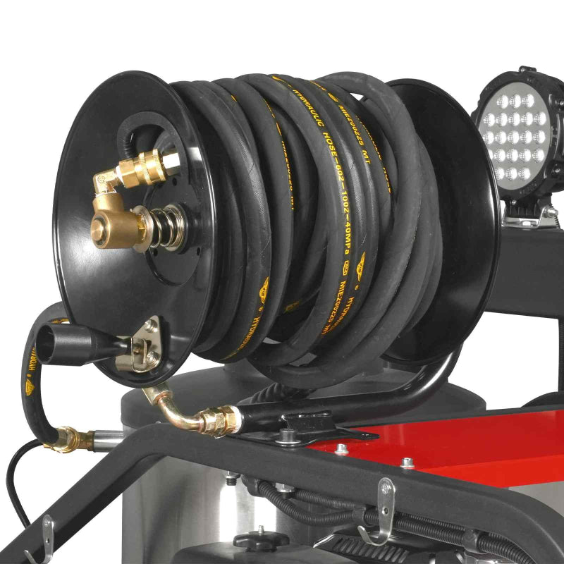 Close-up of hose reel with coiled black high-pressure hose and brass fittings on MechMaxx HPW40Z gallery position 1