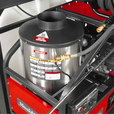 Close-up of stainless steel burner unit with water outlet and warning labels on MechMaxx HPW40D hot water pressure washer gallery 1