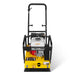 Front view of a yellow plate compactor with red engine, black frame, and upright handle