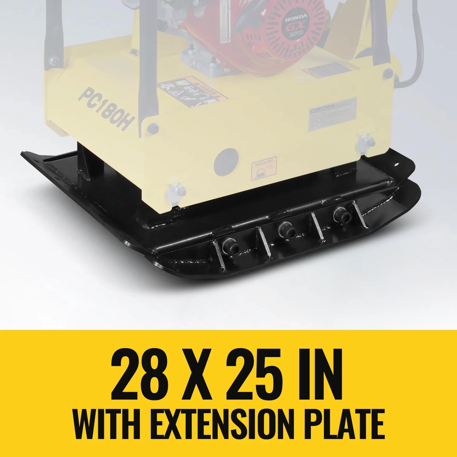 Yellow plate compactor with black extension plate attached to the vibrating base