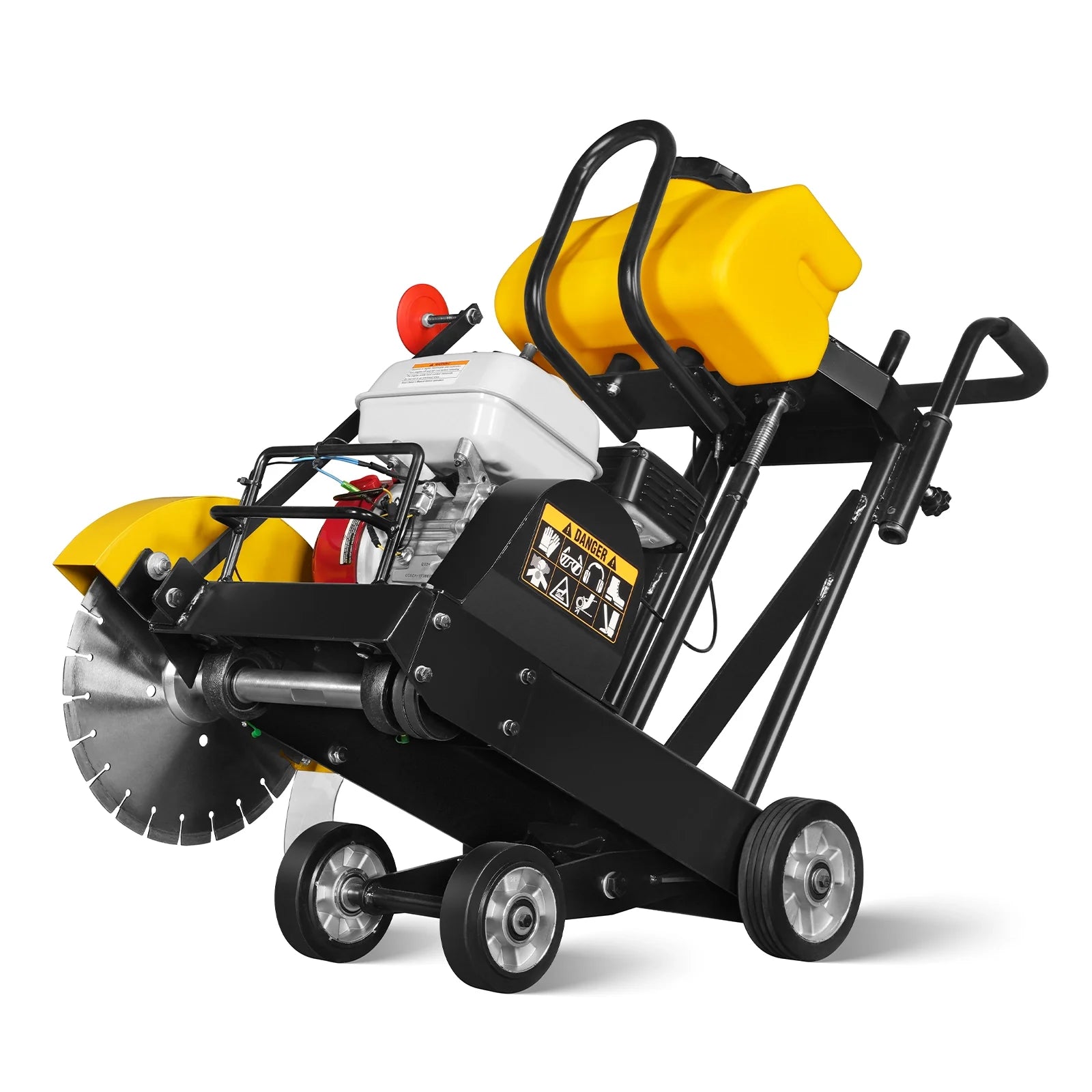 Yellow walk-behind concrete saw with water tank, gasoline engine, diamond blade, black frame, and transport wheels
