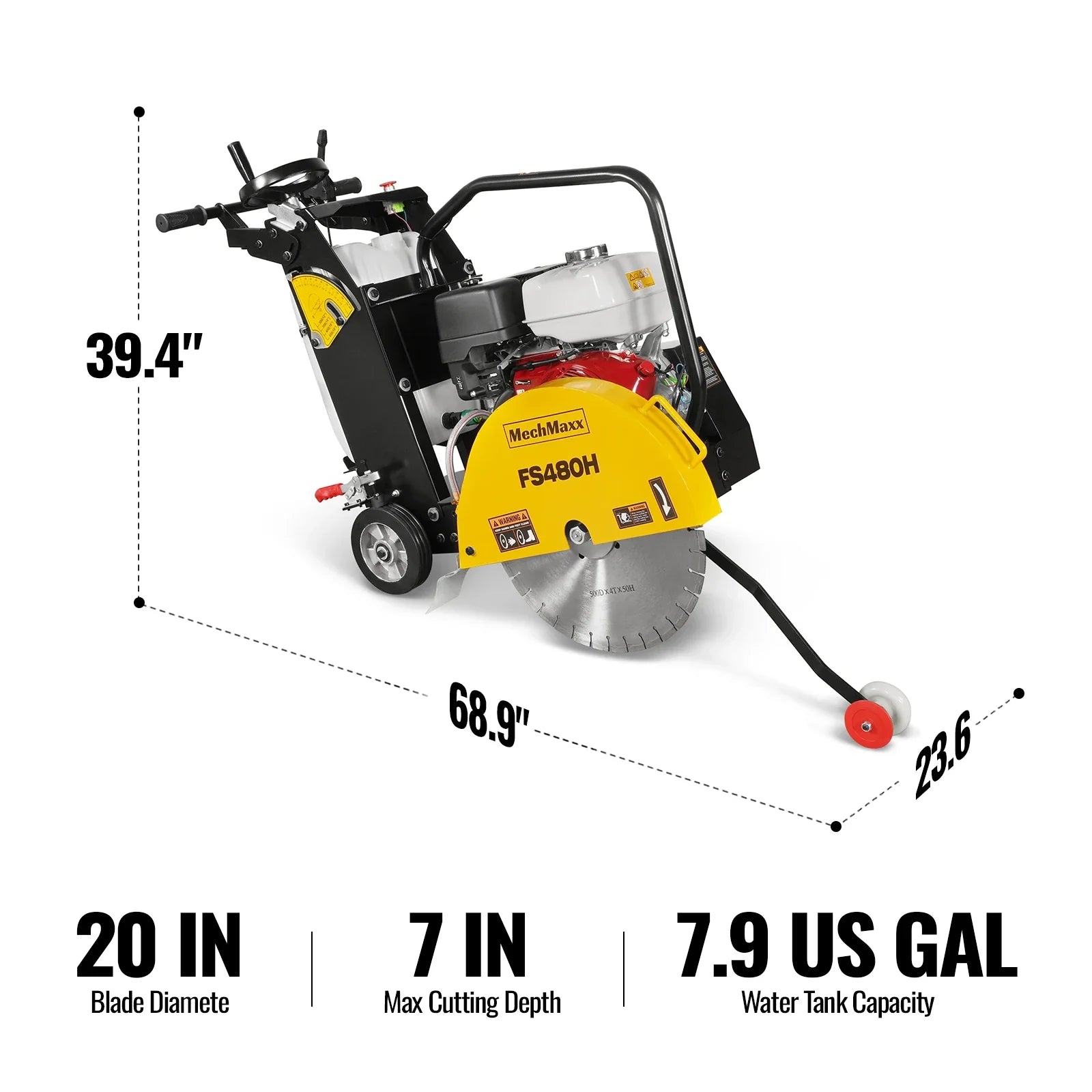 Gas powered concrete saw with yellow blade cover, red engine, white tank, exposed blade, and red guide wheel
