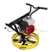 Walk-behind power trowel with red and white gasoline engine, yellow safety ring, black handlebars, and finishing blades