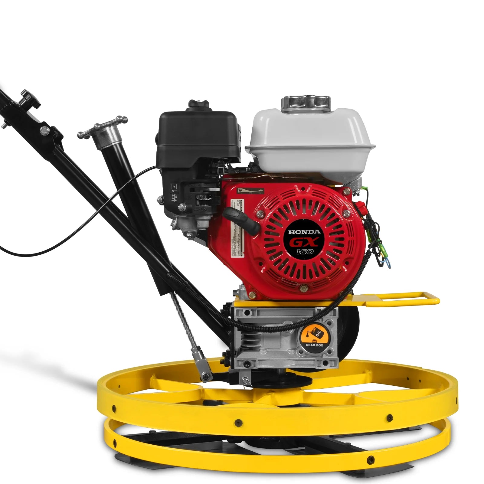 Yellow power trowel with red Honda GX engine, white fuel tank, black handle assembly, and circular guard ring
