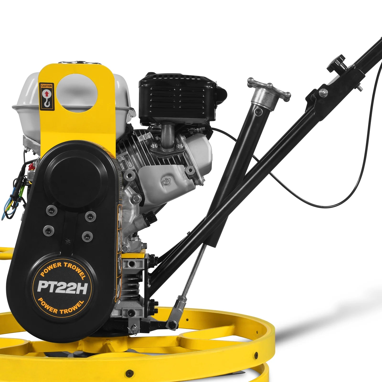 Yellow power trowel with exposed gasoline engine, black belt cover, safety ring, and raised handlebars