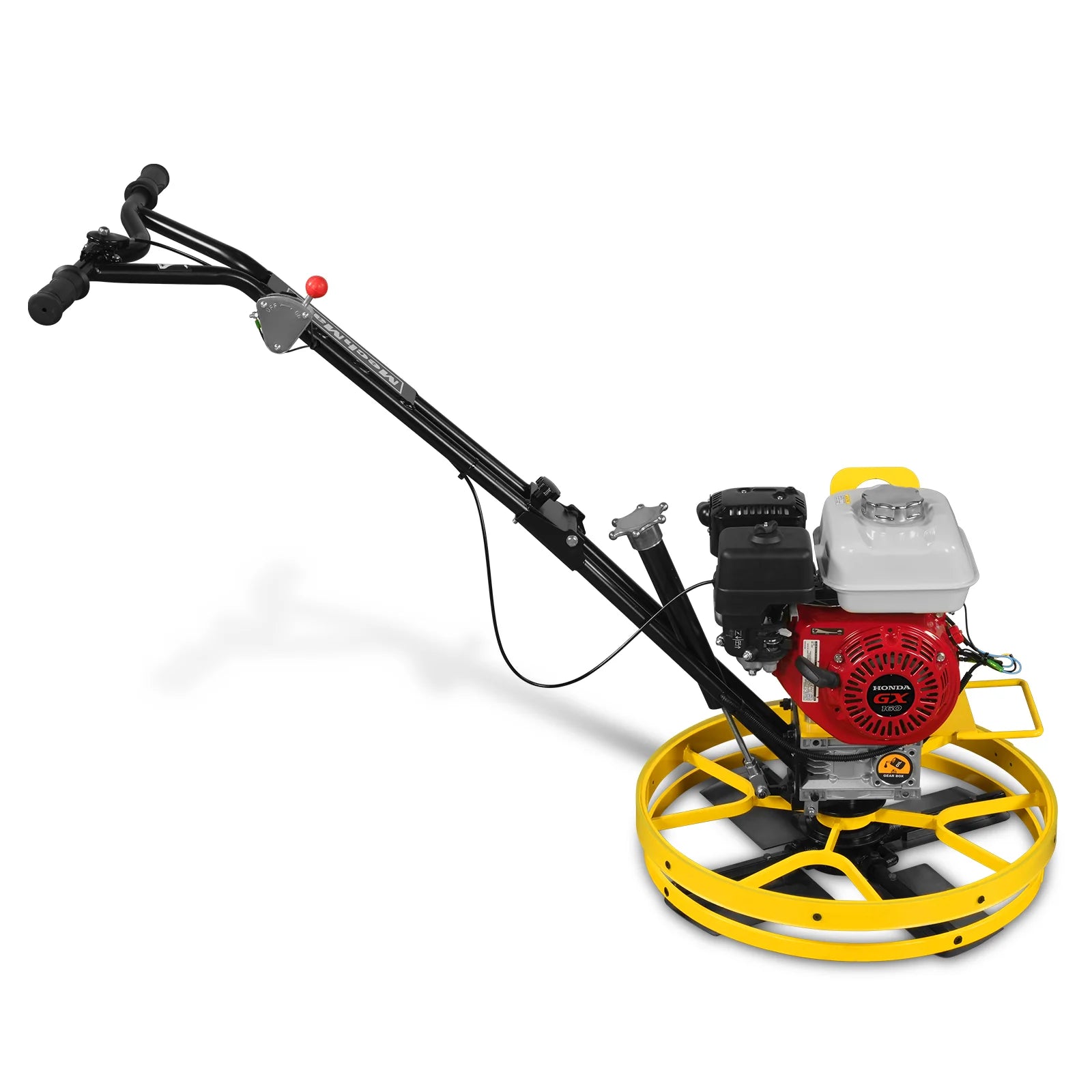 Gasoline power trowel machine with red and white engine, yellow safety ring, black handlebars, and finishing blades