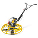 Walk-behind power trowel with yellow safety ring, gasoline engine, black handlebars, and finishing blades
