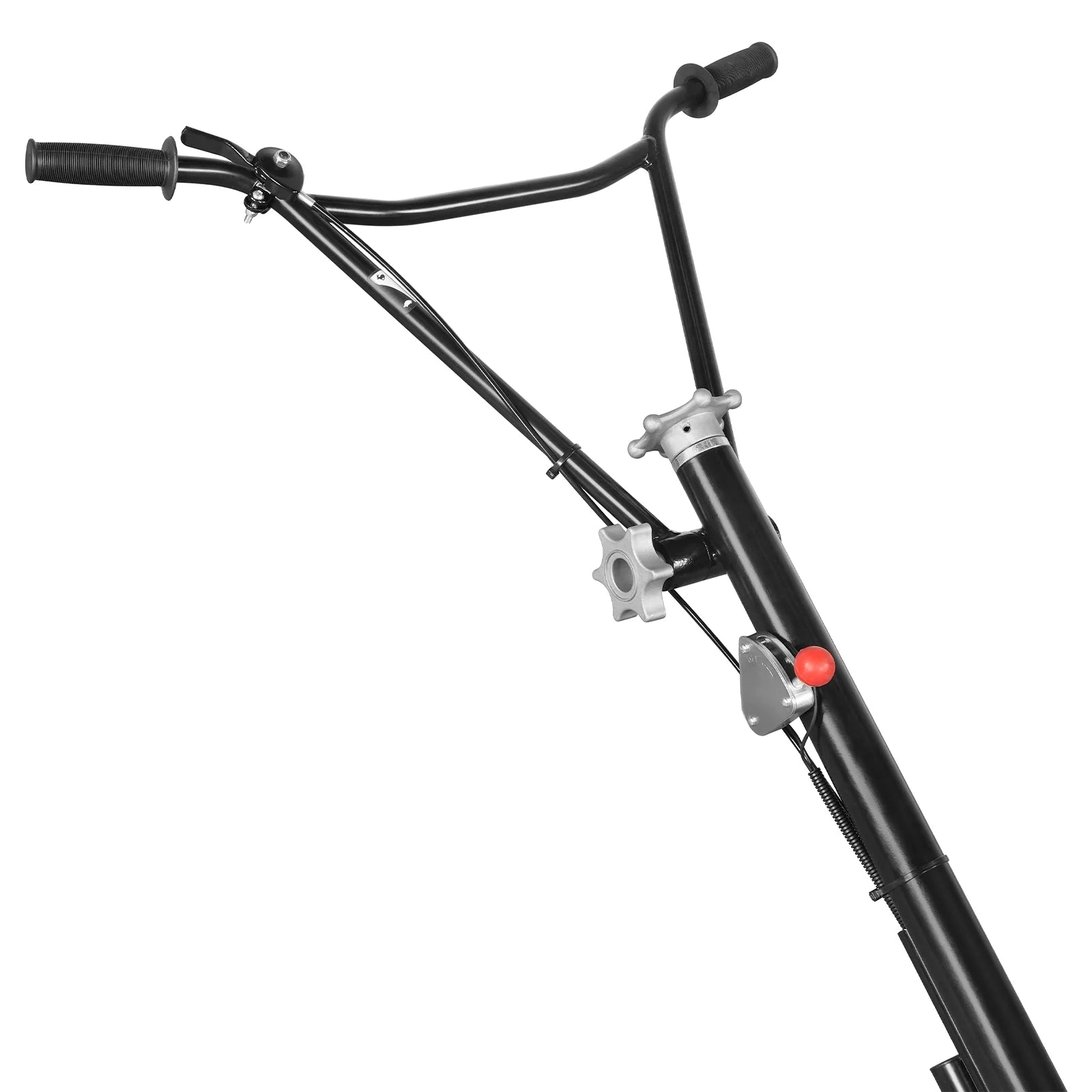 Close-up of black power trowel handlebar with control lever, adjustment knob, and throttle grip