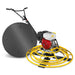 Power trowel machine with red and white engine, yellow guard cage, black handlebar, and separate finishing pan