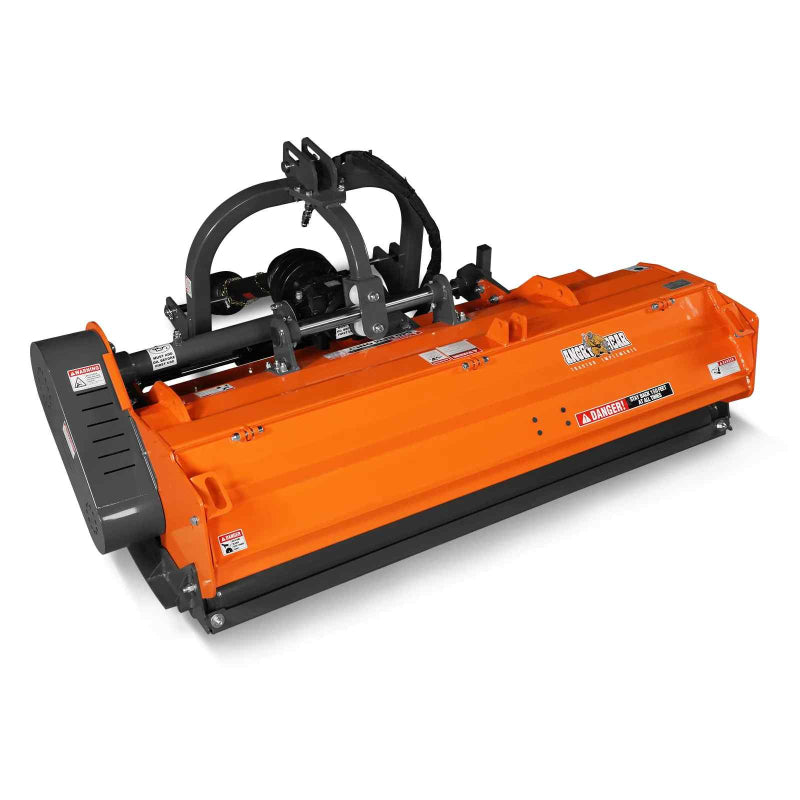 angled front-right view of orange MechMaxx 72-inch PTO flail mower with hydraulic side shift at gallery position 1