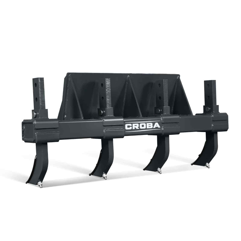 front angled view of black 40-inch mini skid steer scarifier attachment with four scarifying shanks gallery position 1