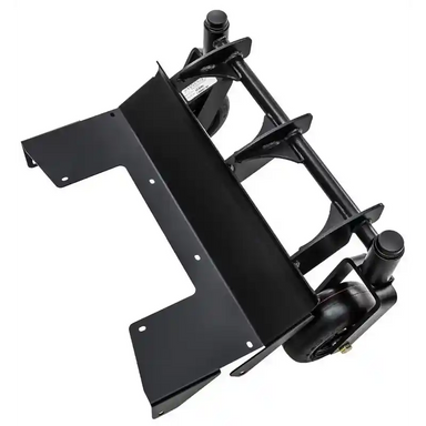 Black metal frame with two flat-free caster wheels for Swisher walk-behind mower, angled view, gallery position 1