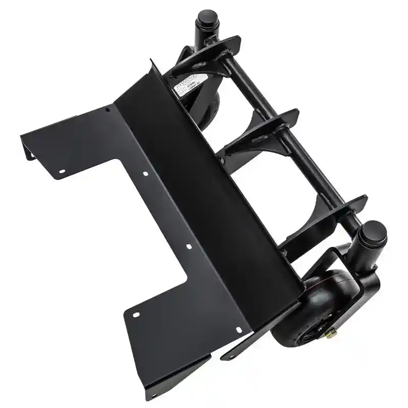 Black metal frame with two flat-free caster wheels for Swisher walk-behind mower, angled view, gallery position 1