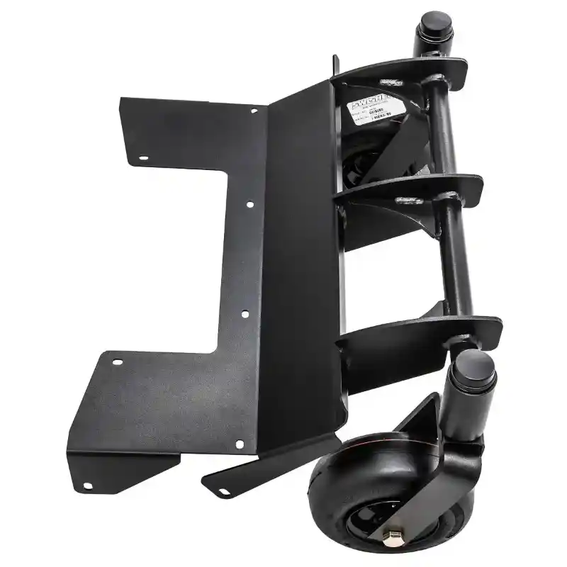 Swisher flat-free caster kit with black metal mounting bracket and swivel wheel, angled side view, gallery position 1