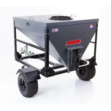 Swisher drop feeder with steel frame and dual off-road tires, access hatch on top, gallery position 1, isolated view