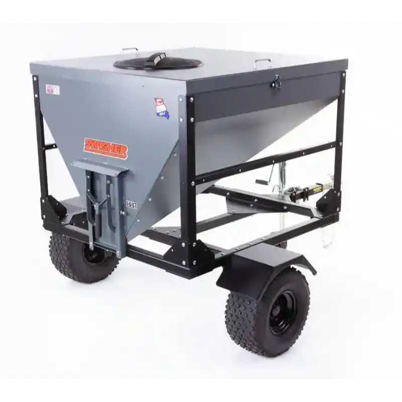 Swisher drop feeder with angled steel frame, dual off-road tires, rear discharge chute, gallery position 1, isolated white background