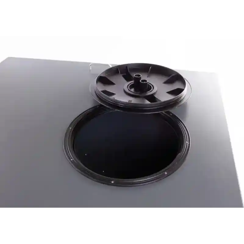 Open circular black access hatch with lid raised on top of Swisher Drop Feeder, gallery position 1, white background