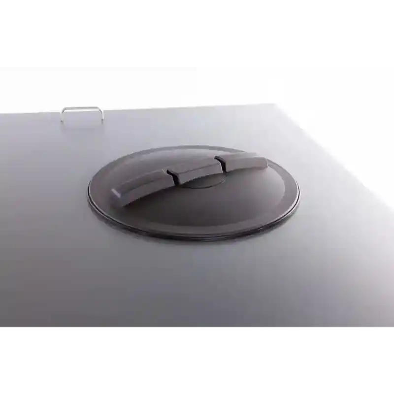 Close-up of black circular access hatch with handle on top of Swisher Drop Feeder, gallery position 1, isolated white background