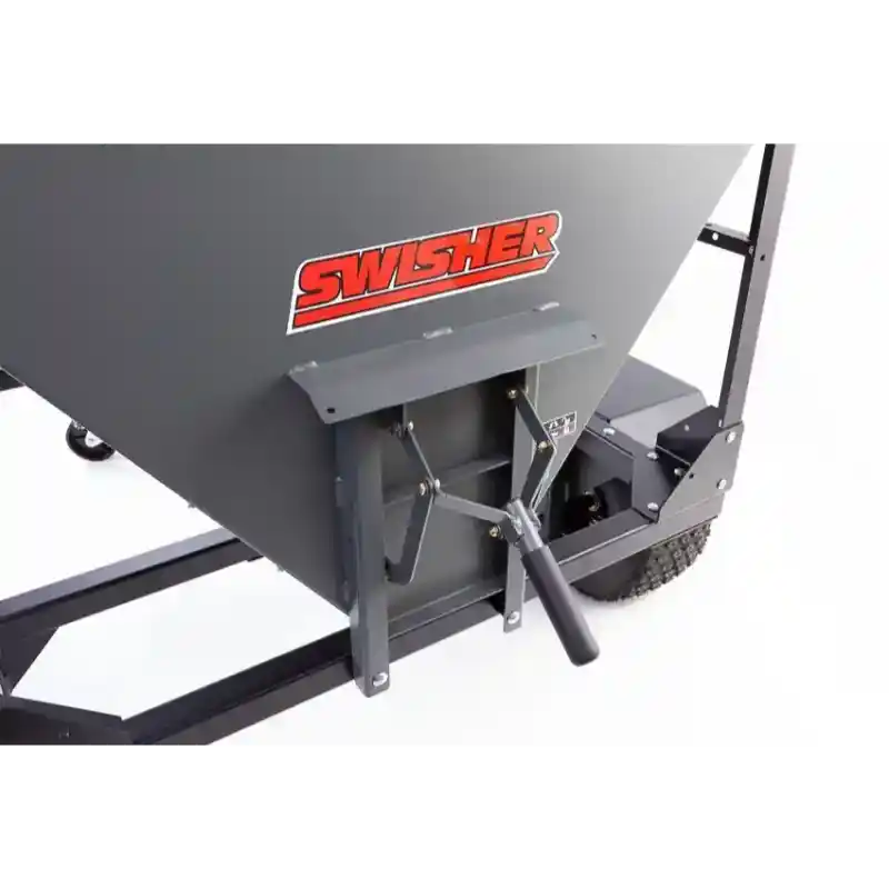 Close-up of manual control lever and discharge chute on Swisher Drop Feeder, gallery position 1, white background