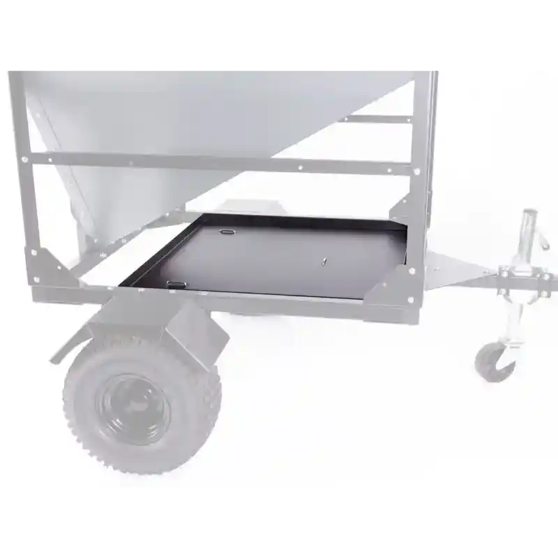 Swisher Drop Feeder metal accessory tray mounted beneath hopper frame, gallery position 1, white background