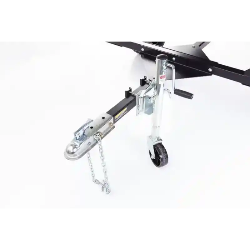 Close-up of tow hitch assembly with safety chain and swivel caster wheel on Swisher Drop Feeder, gallery position 1