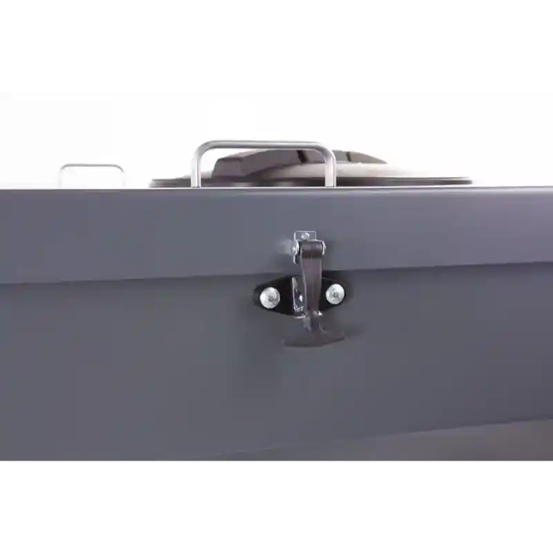 Close-up of metal latch mechanism securing hopper lid on Swisher Drop Feeder – Hobby Farm Pro, gallery position 1