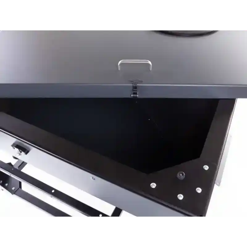 Open hopper with black interior and metal latch on Swisher Drop Feeder, gallery position 1, white background