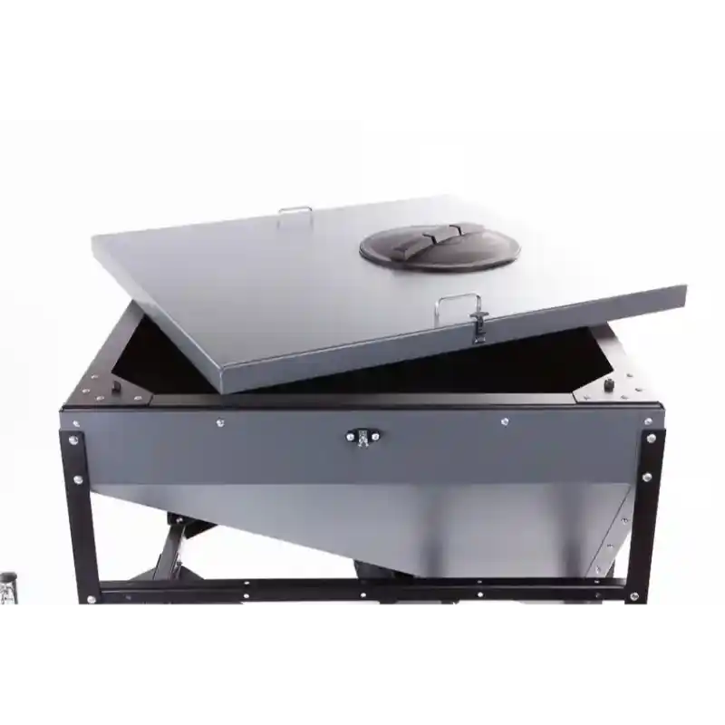 Partially open steel hopper lid with circular vent on Swisher Drop Feeder, gallery position 1, white background