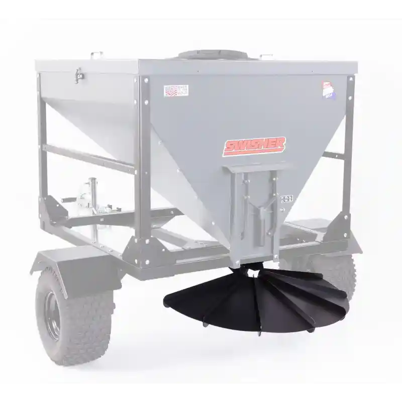 Swisher Drop Feeder with triangular gray hopper, black steel frame, off-road tires, and spreader disk, gallery position 1