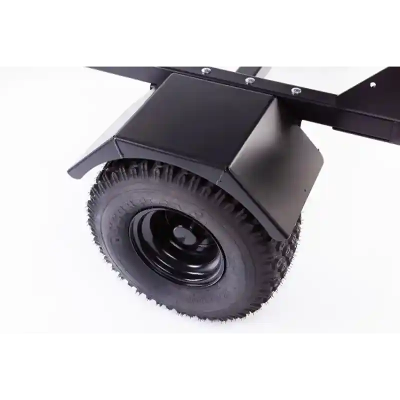 Close-up of off-road tire and metal fender on Swisher Drop Feeder – Hobby Farm Pro, gallery position 1