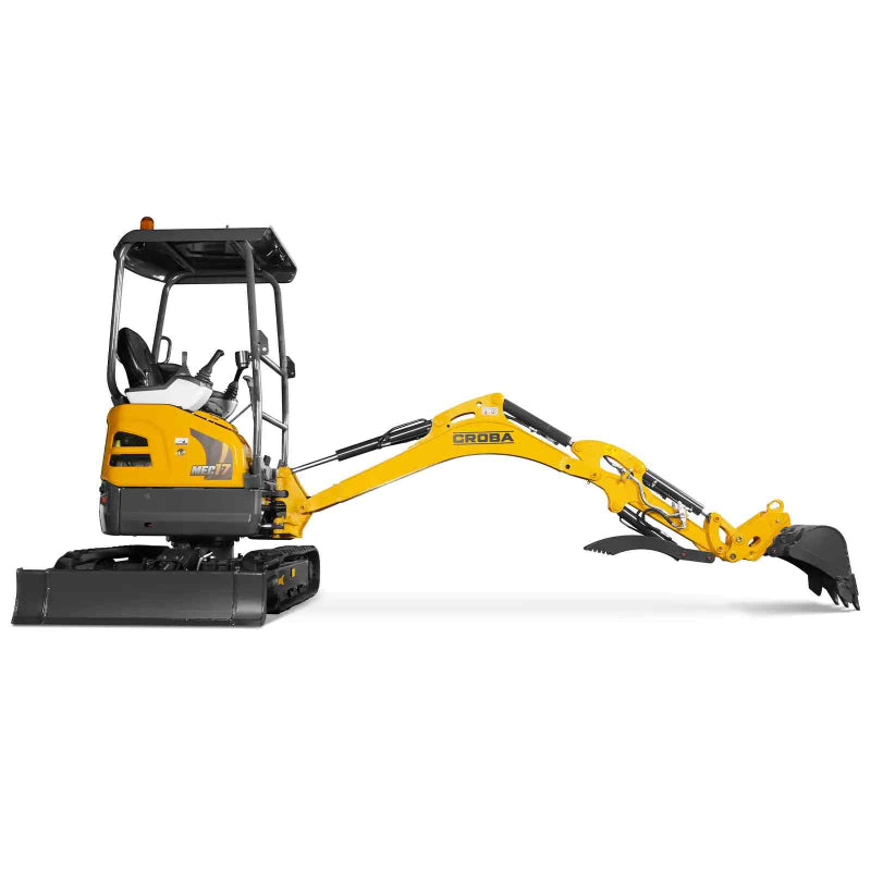 side profile of yellow MechMaxx MEC17 mini excavator with extended arm, open operator canopy, and rubber tracks gallery position 1