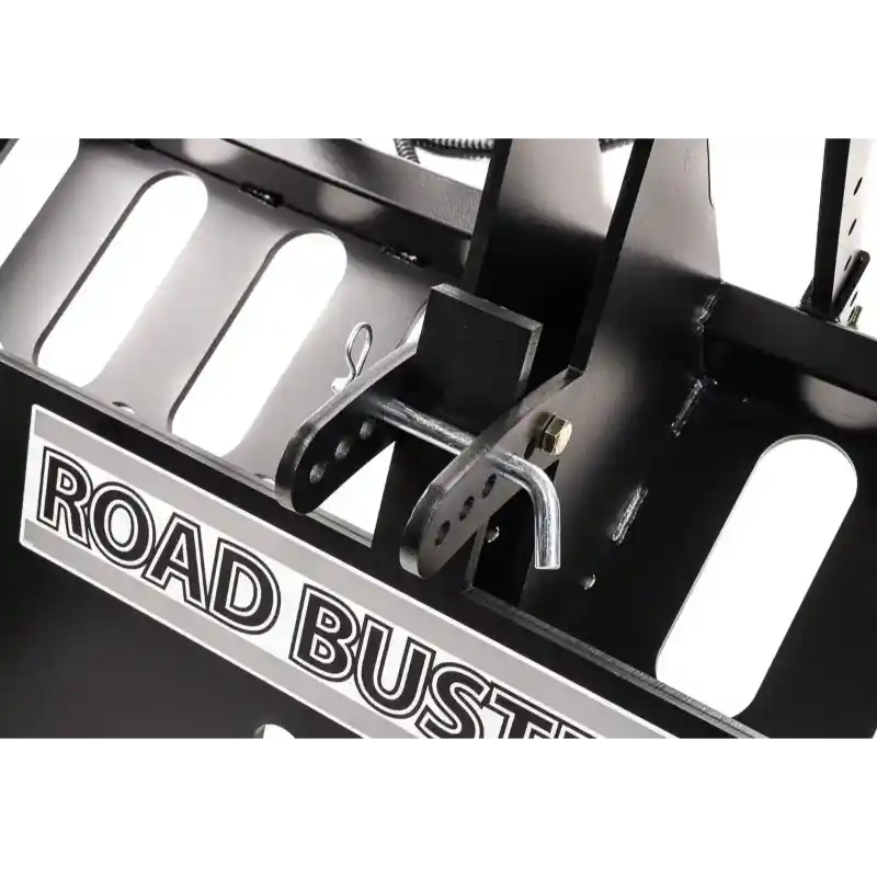 Close-up of Swisher 48-inch Roadbuster driveway grader hitch assembly with pin and cotter key, gallery position 1