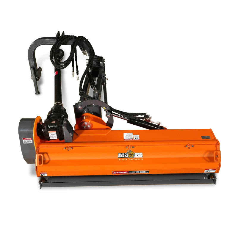 top-down view of orange MechMaxx 72-inch offset ditch bank flail mower with PTO shaft and hydraulic hoses at gallery position 1