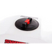 Close-up of black and red lid on white hopper for Swisher salt spreader, gallery position 1