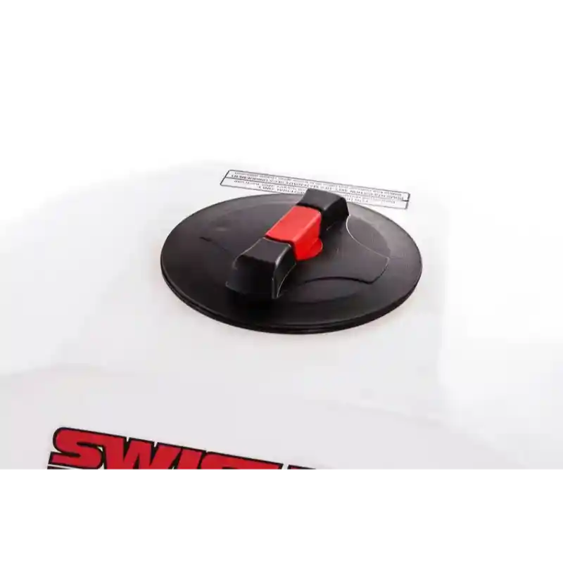 Close-up of black and red lid on white hopper for Swisher salt spreader, gallery position 1