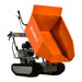 Front right angle of MechMaxx D50MA gas engine track mini dumper with raised orange dump bucket, gallery position 1