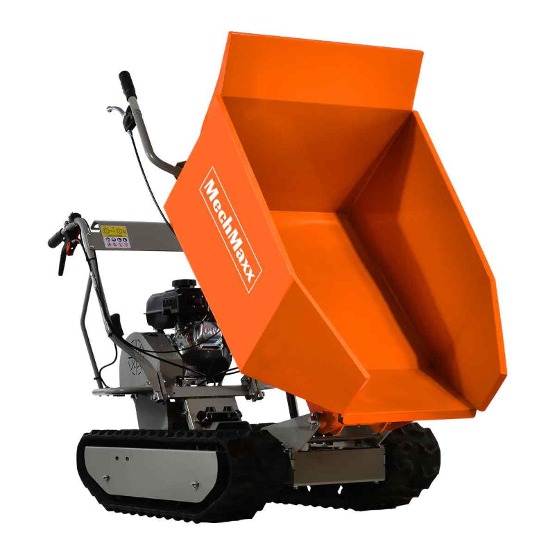 Front right angle of MechMaxx D50MA gas engine track mini dumper with raised orange dump bucket, gallery position 1