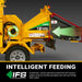 Side view of yellow CROBA TX100C hydraulic wood chipper with intelligent feeding system and feed chute guard, gallery position 1