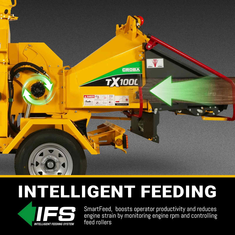 Side view of yellow CROBA TX100C hydraulic wood chipper with intelligent feeding system and feed chute guard, gallery position 1