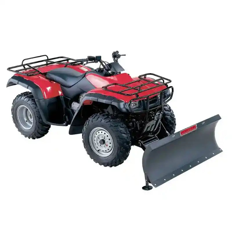 Red ATV equipped with a black Swisher 50-inch rolled plow blade mounted on the front, gallery position 1