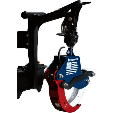 Rotating grapple attachment with red and blue painted steel arms, hydraulic hoses, and American flag decal on mounting bracket