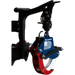 Rotating grapple attachment with red and blue painted steel arms, hydraulic hoses, and American flag decal on mounting bracket