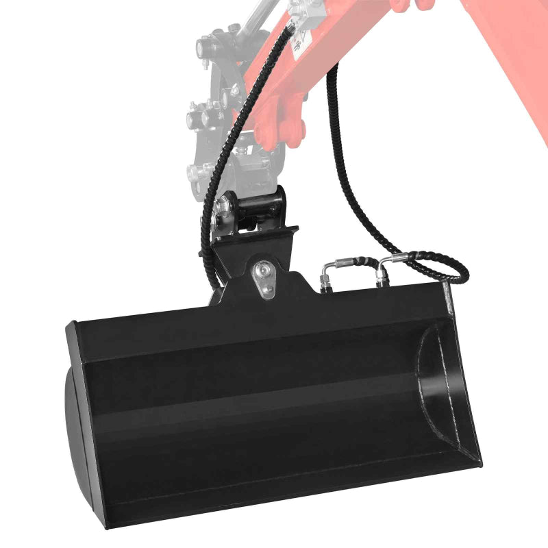 black 32-inch MechMaxx tilt bucket attached to mini excavator arm with hydraulic hose visible gallery position 1
